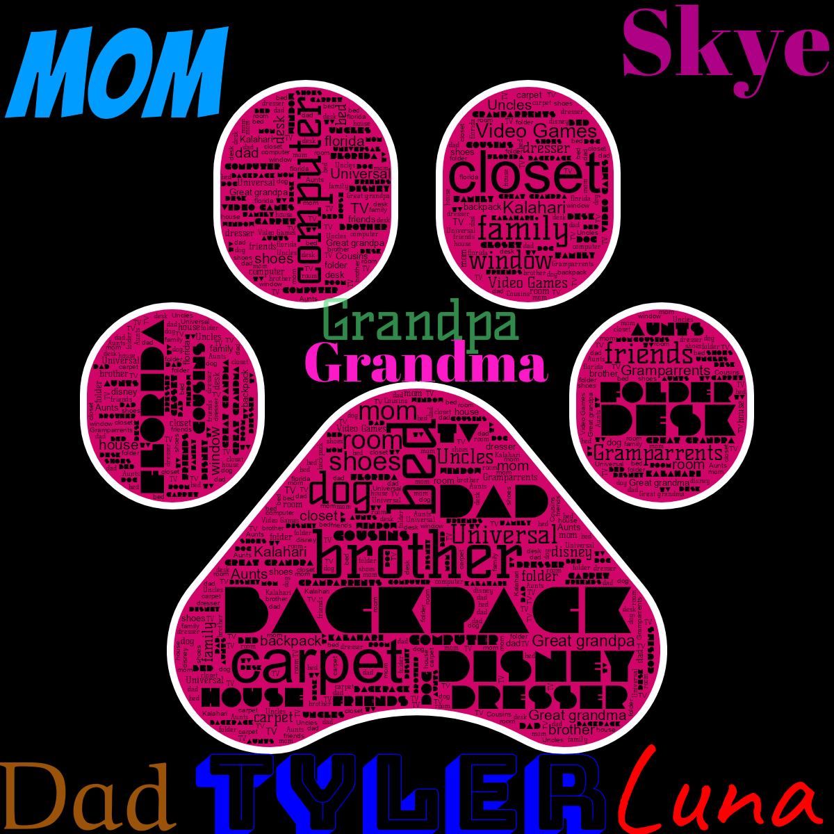 Word cloud in a Paw Print shape with 30 words like backpack, bed and brother in black, pink and white.