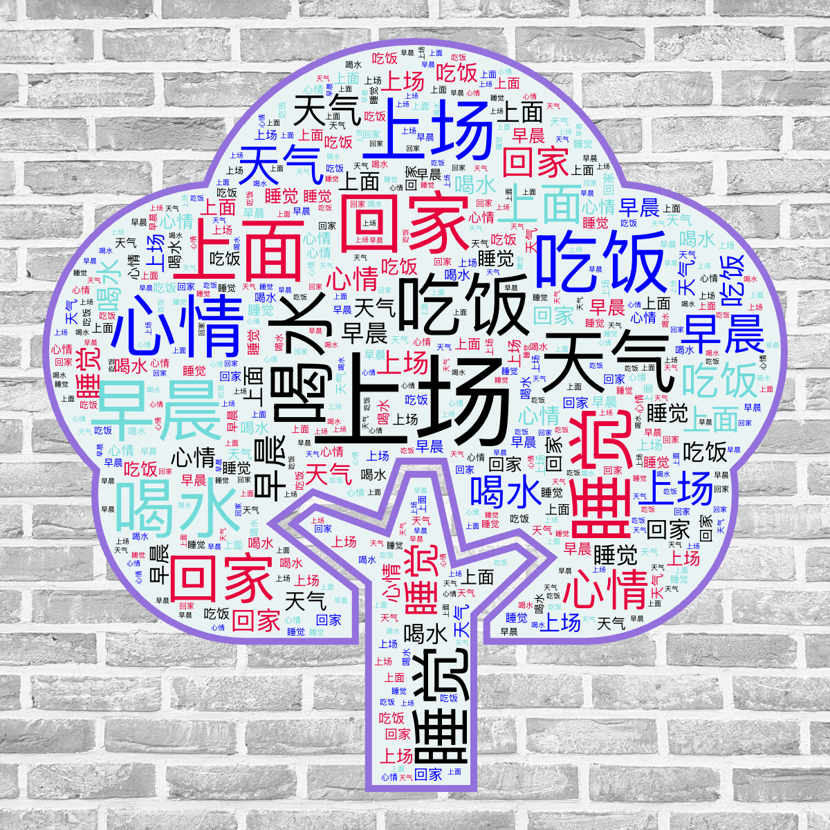 Word cloud in a Tree shape with 9 words like 上场, 吃饭 and 喝水 in multicolor.
