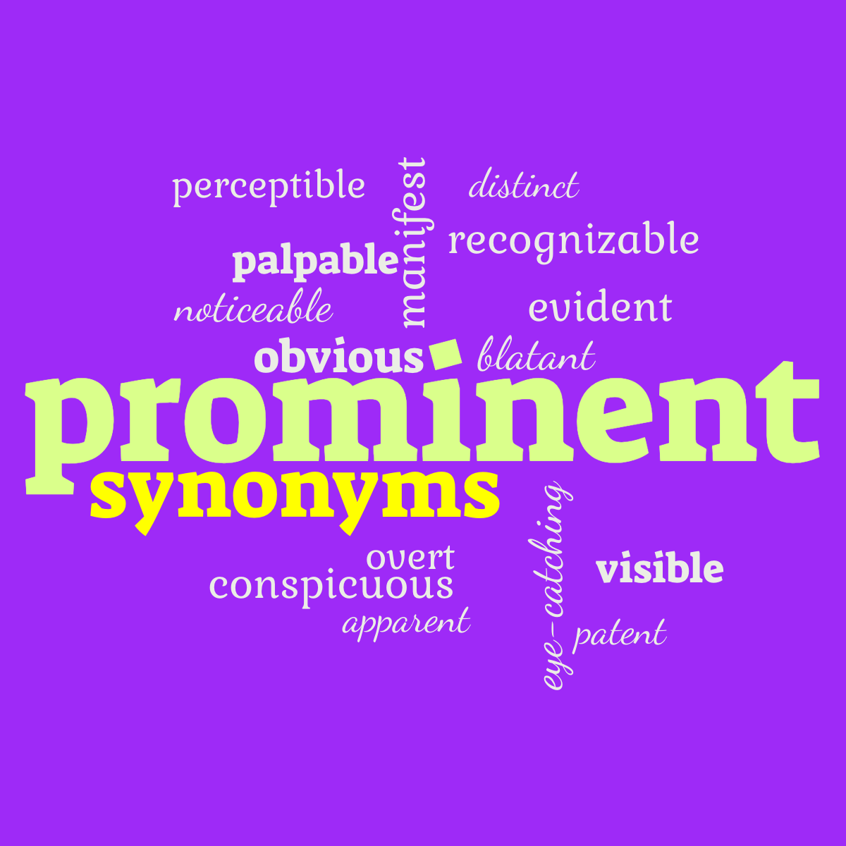 Word cloud with 15 words like visible, noticeable and eye-catching in green and purple.