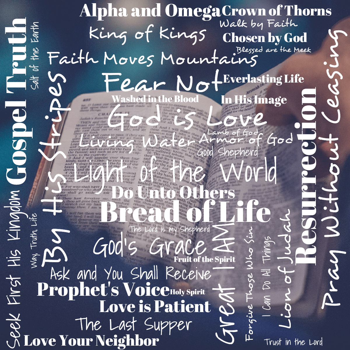 Word cloud with 40 words like Blessed are the Meek, Love Your Neighbor and Walk by Faith in white.