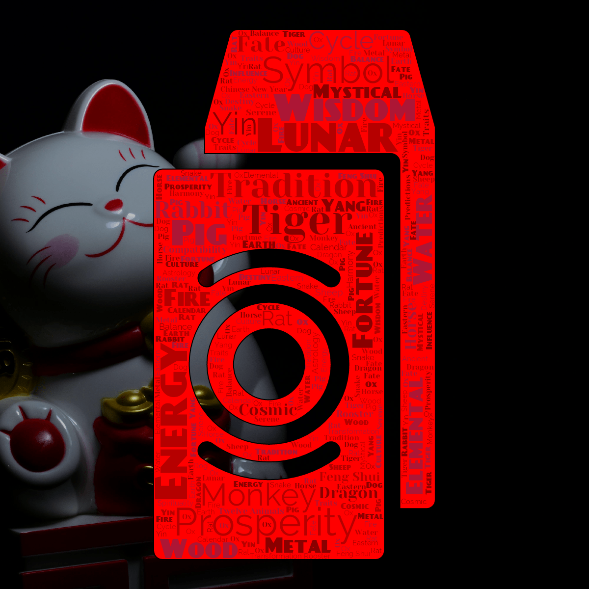 Word cloud in a Chinese Envelope Ang Pao shape with 50 words like Rat , Ox and Tiger in red and black.