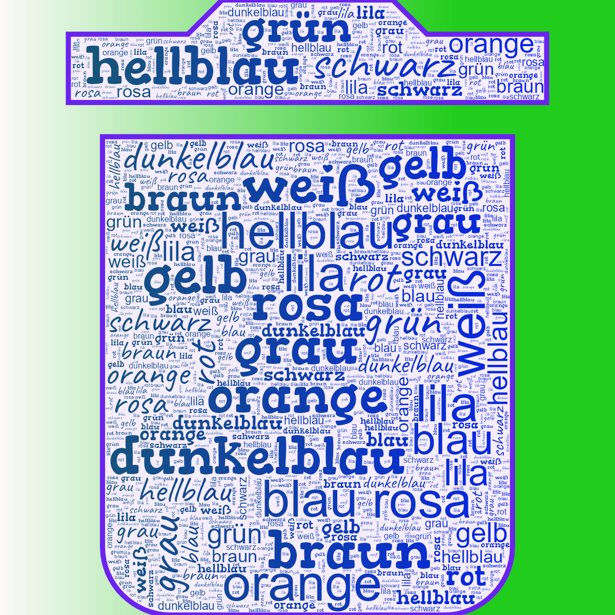 Word cloud in a Delete shape with 13 words like schwarz, rosa and lila in multicolor.