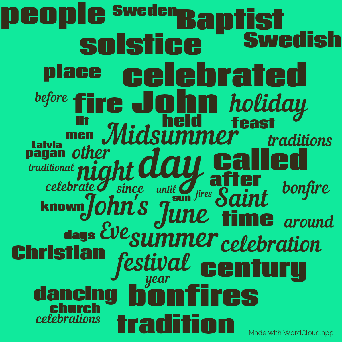 Word cloud with 50 words like day, Midsummer and June in brown and green.