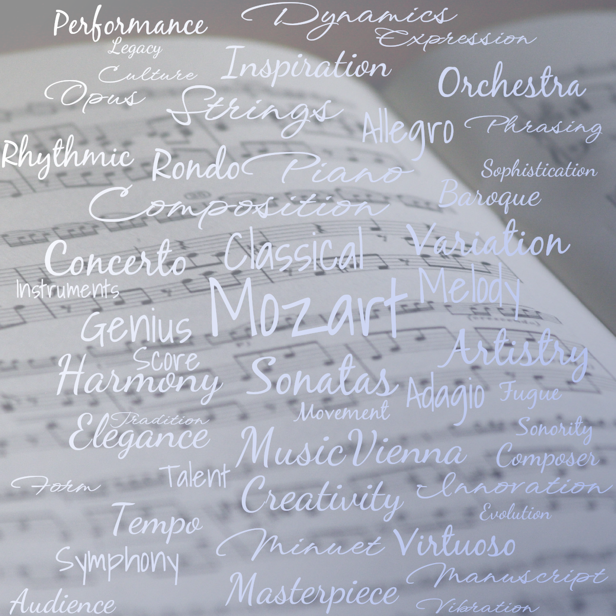 Word cloud with 50 words like Mozart, Sonatas and Composition in white and blue.