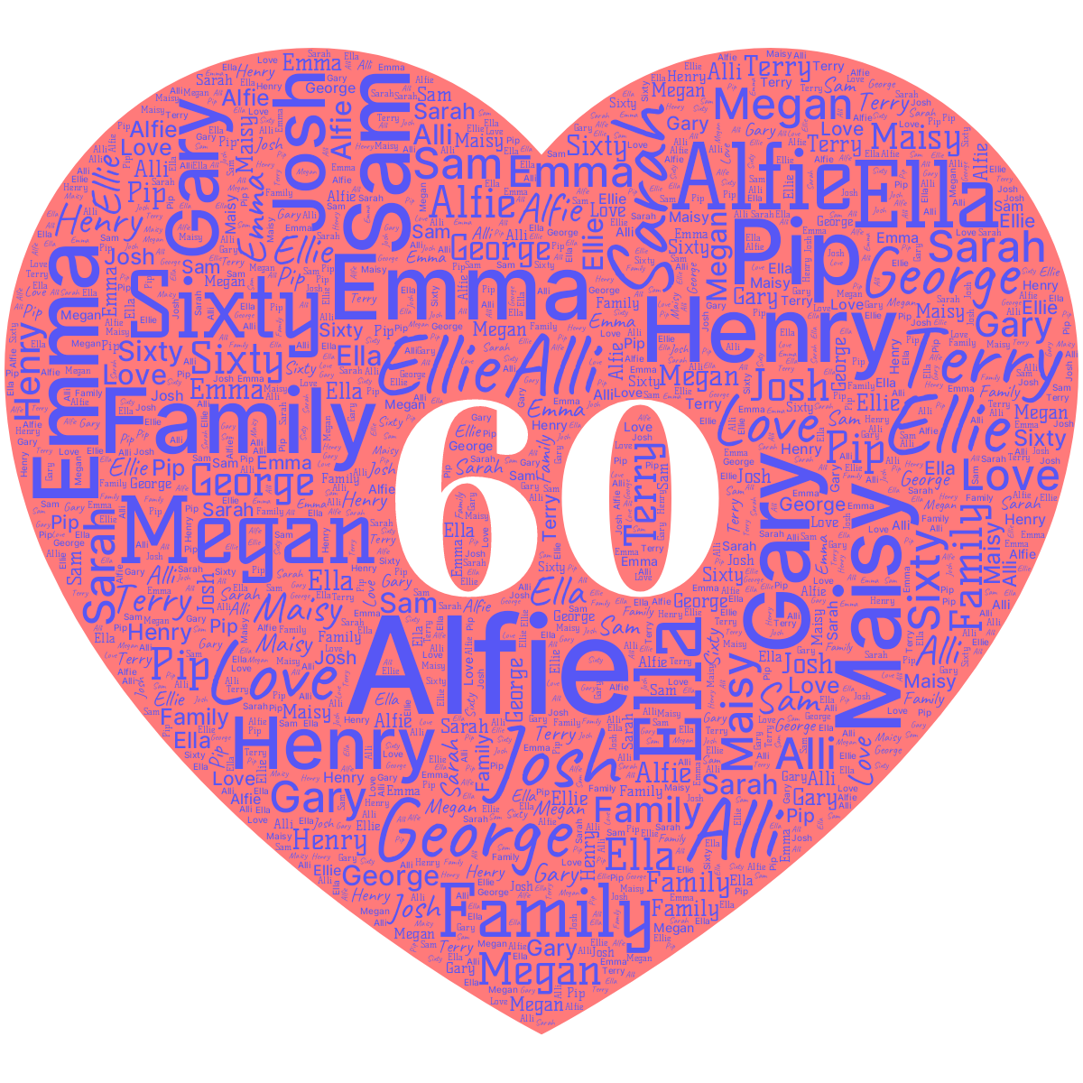 Word cloud in a Heart shape with 18 words like Alfie, Alli and Ella in blue, red and white.
