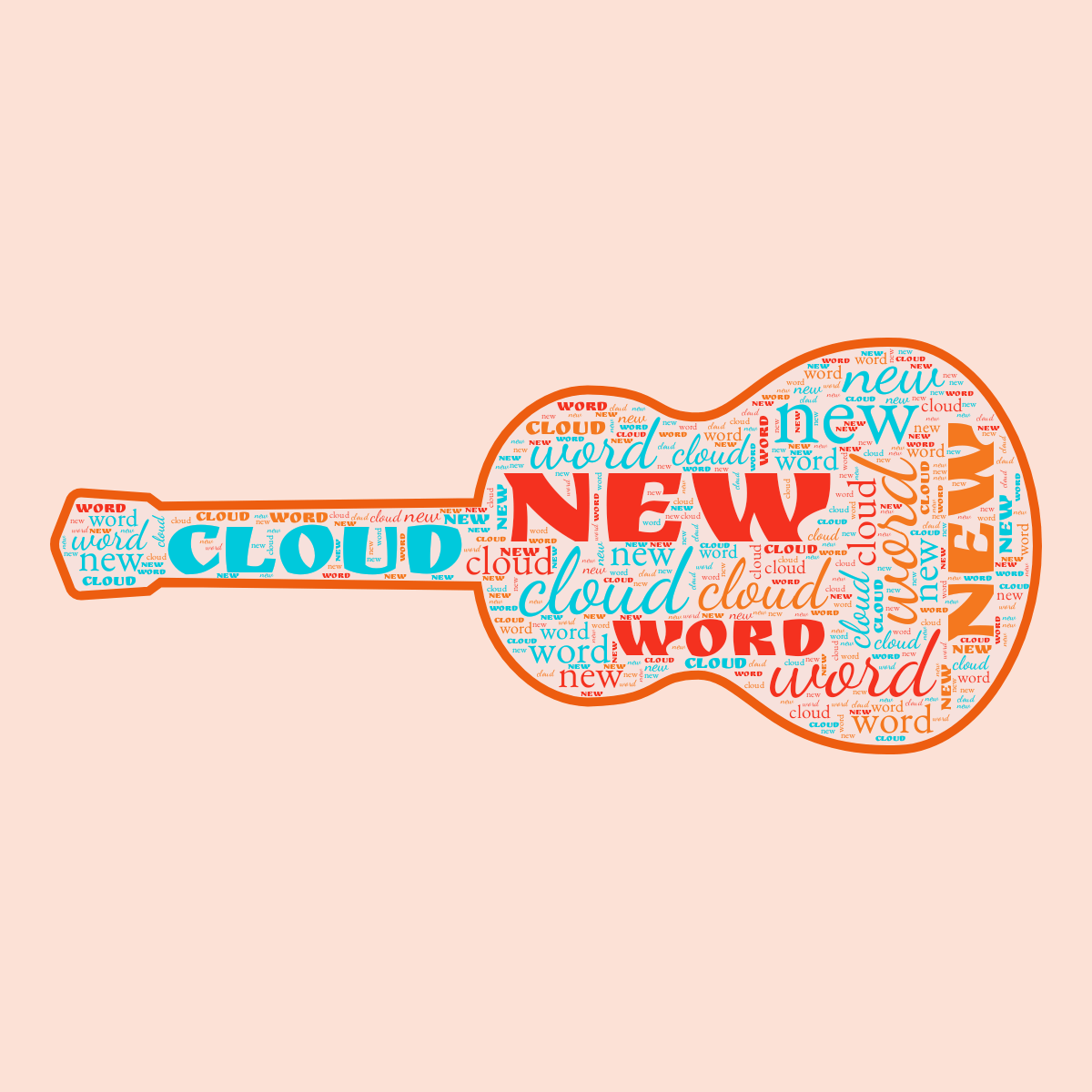 Word cloud in a Guitar shape with 3 repeated words like new, word and cloud in red, orange and blue.