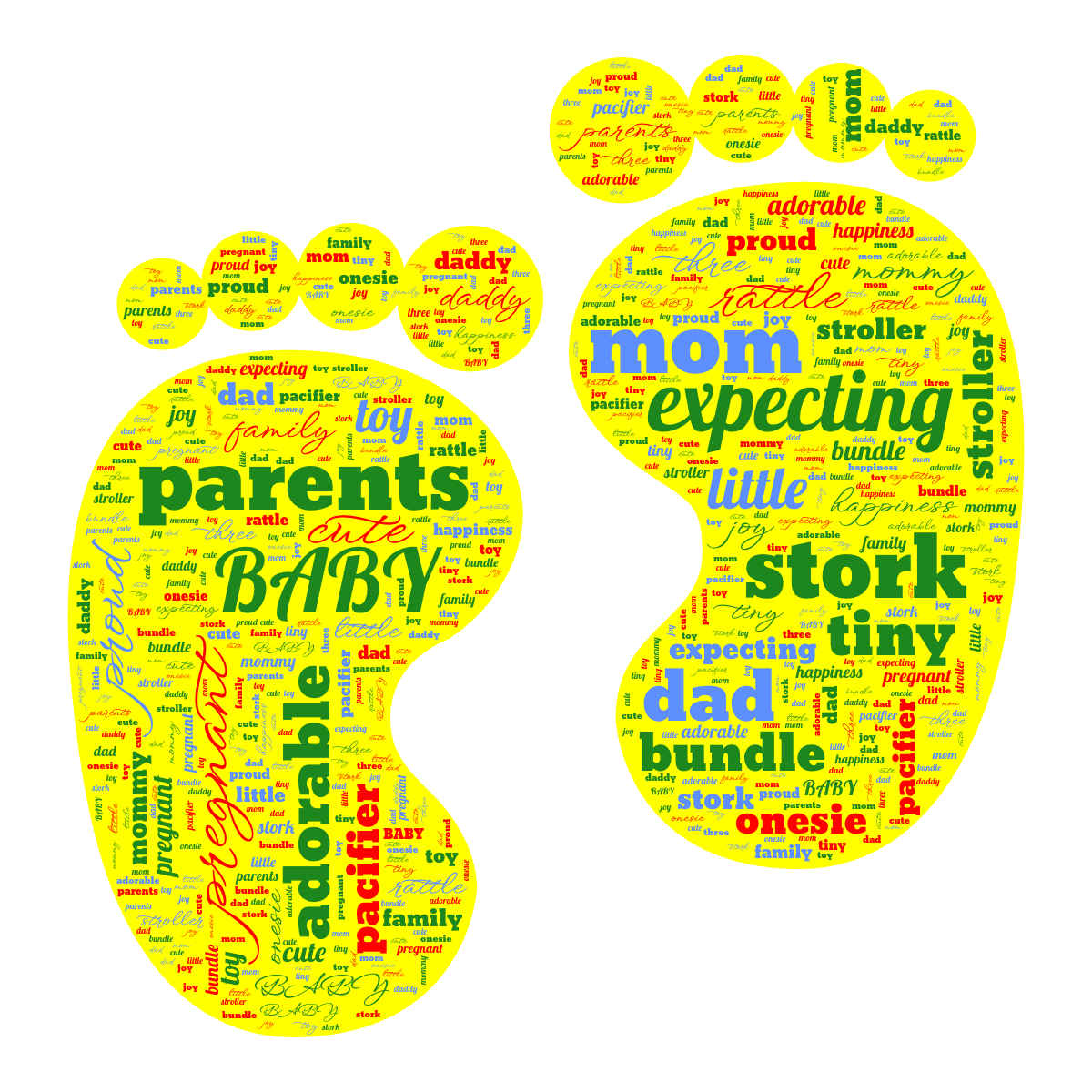 Word cloud in a Baby Footprints shape with 24 words like BABY, expecting and parents in multicolor.