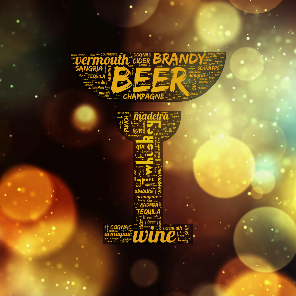 Word cloud in a Cocktail Glass shape with 23 words like beer, wine and whiskey in yellow, orange and black.