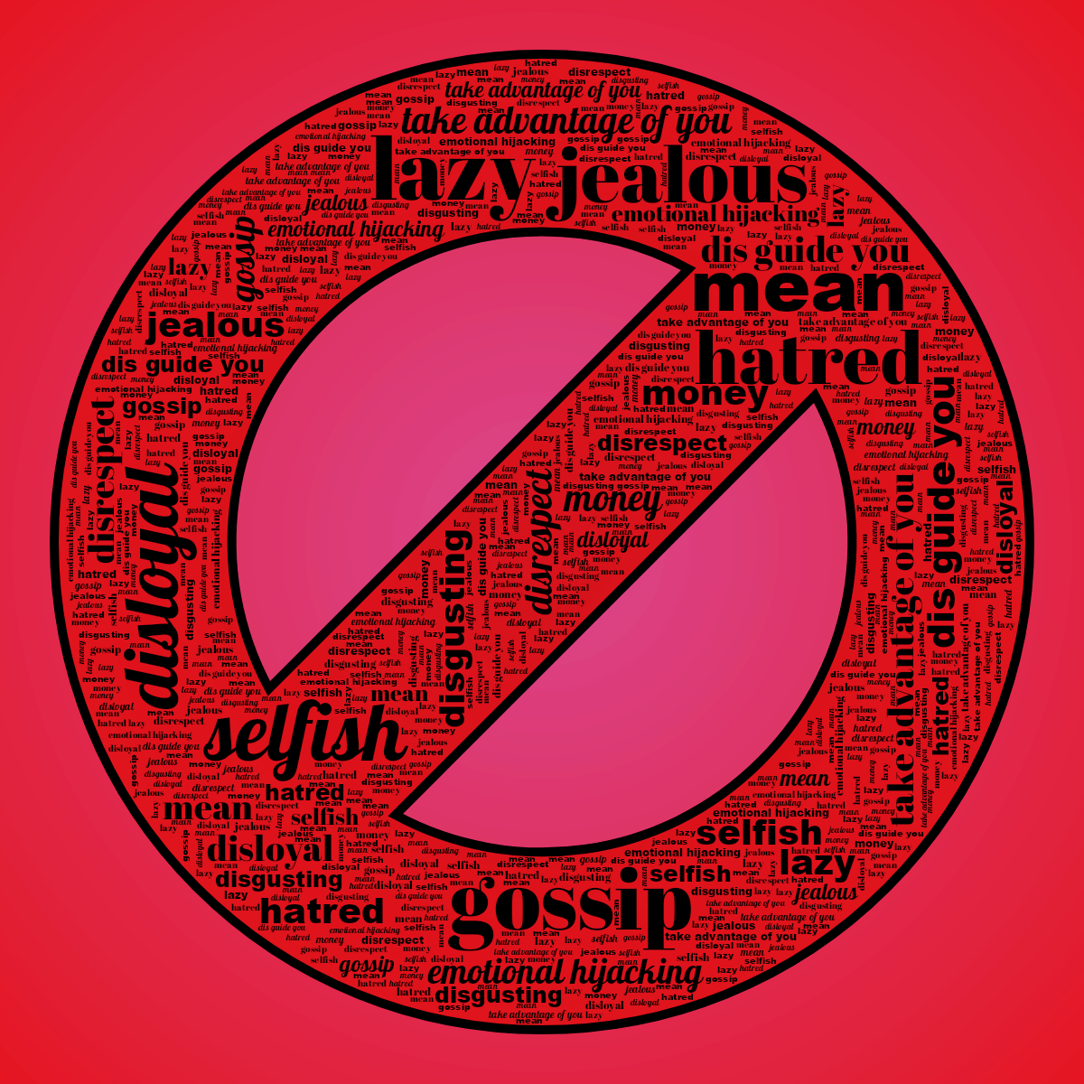 Word cloud in a Forbidden Sign shape with 13 words like gossip, lazy and selfish in black, pink and red.