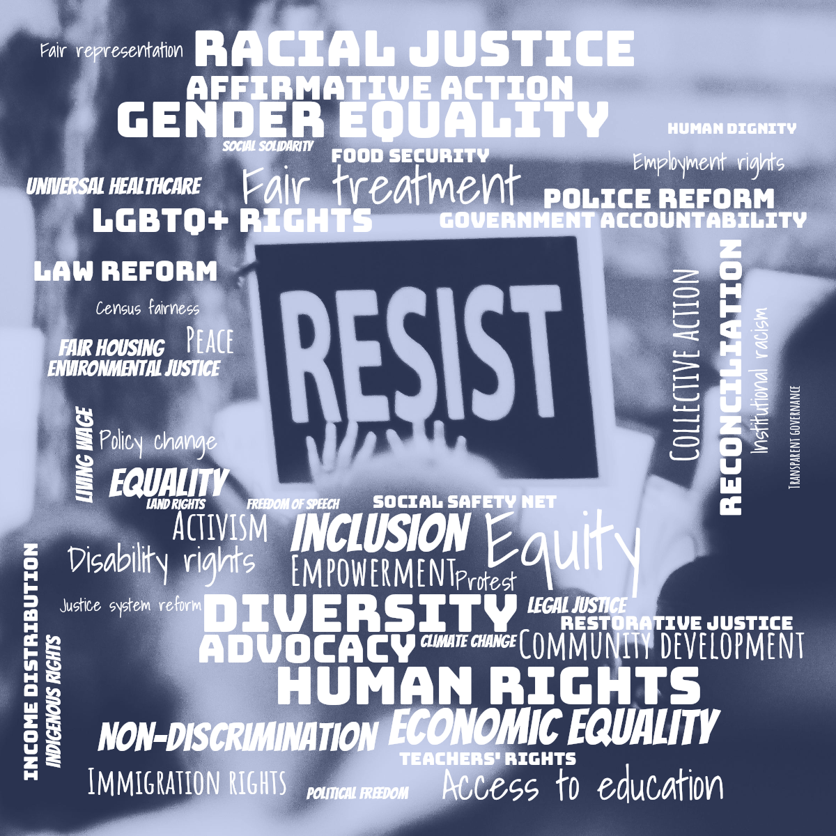 Word cloud with 50 words like Equity, Inclusion and Diversity in white.