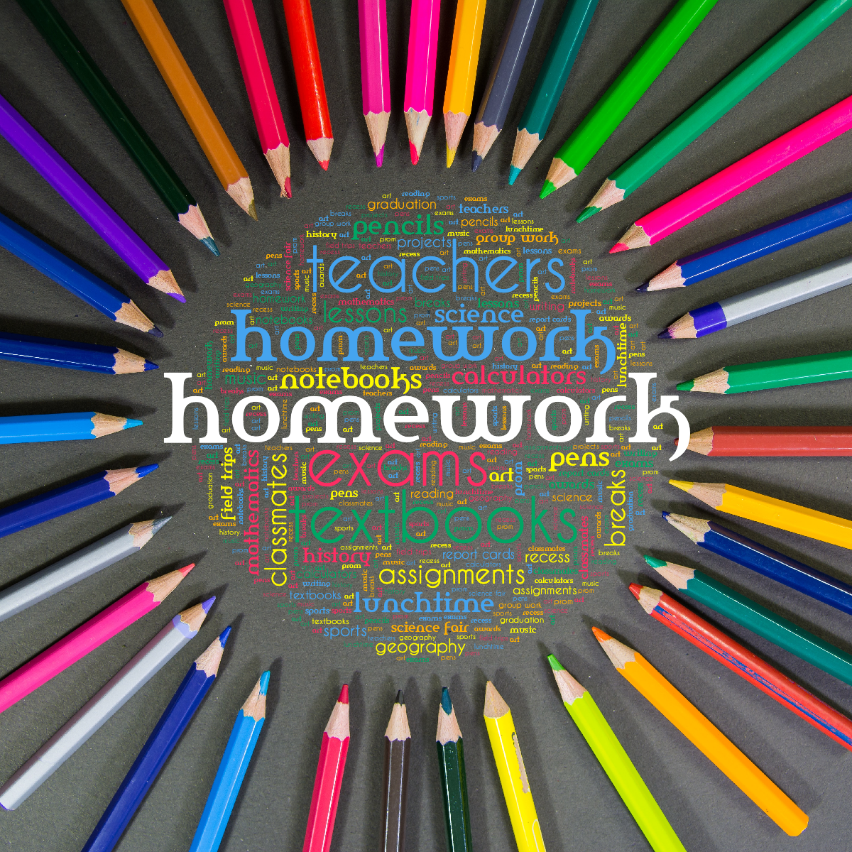 Word cloud in a Circle shape with 31 words like homework, exams and textbooks in multicolor.