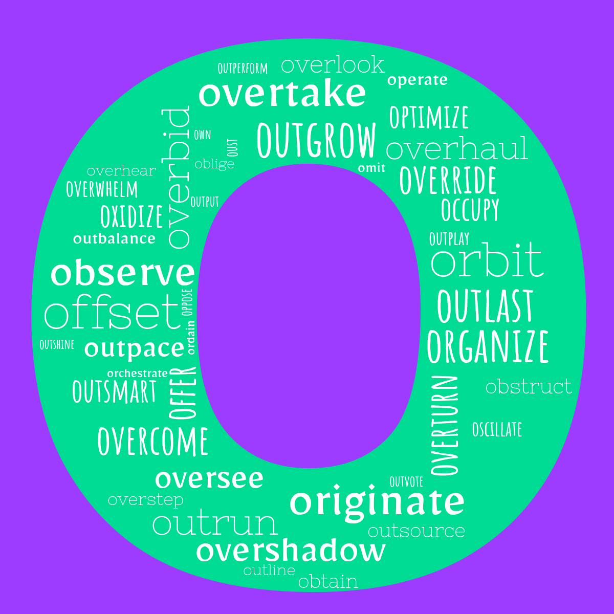 Word cloud in the shape of the letter O with 45 words like offer, observe and obtain in white, purple and green.