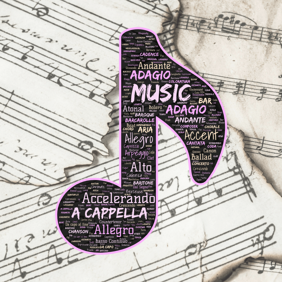 Word cloud in a Note shape with 158 words like A cappella, Accelerando and Accent in purple, orange and black.