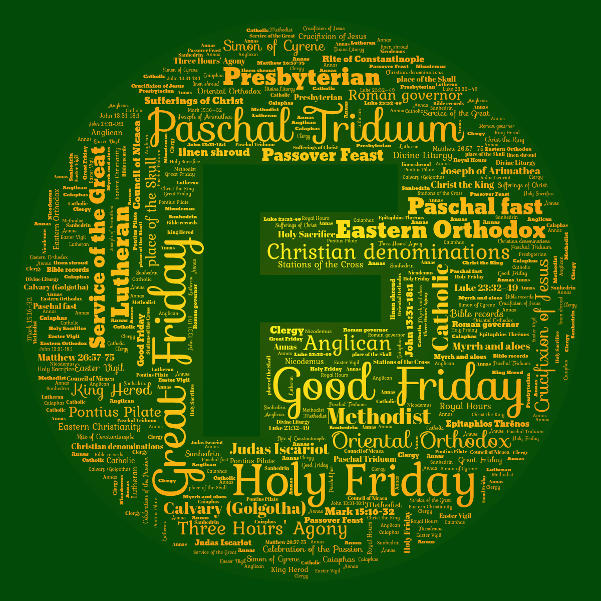 Word cloud in a custom shape with 49 words like Good Friday, Holy Friday and Great Friday in yellow, orange and green.