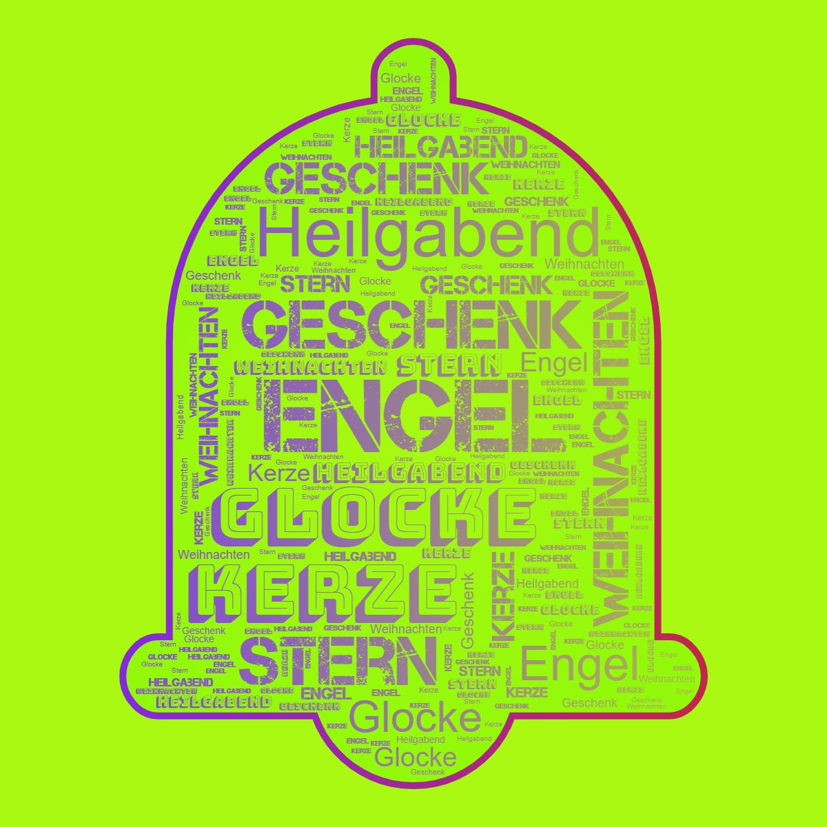 Word cloud in an Alarm shape with 7 words like Engel, Geschenk and Glocke in bright purple, green and red.