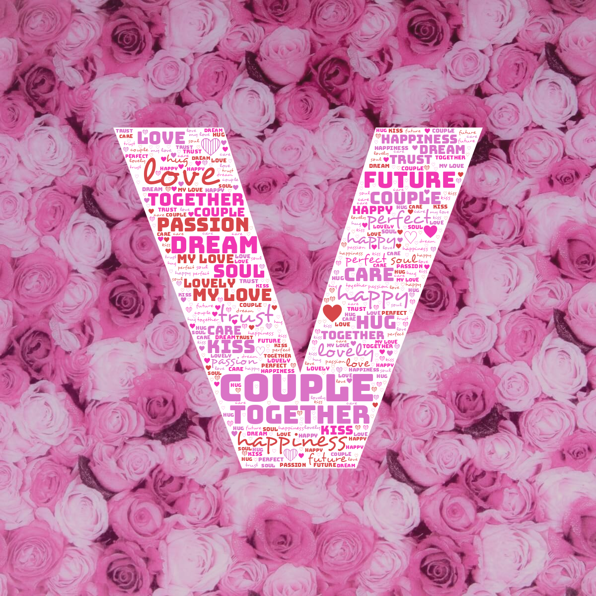 Word cloud in the shape of the letter V with 19 words like love, couple and together in multicolor.
