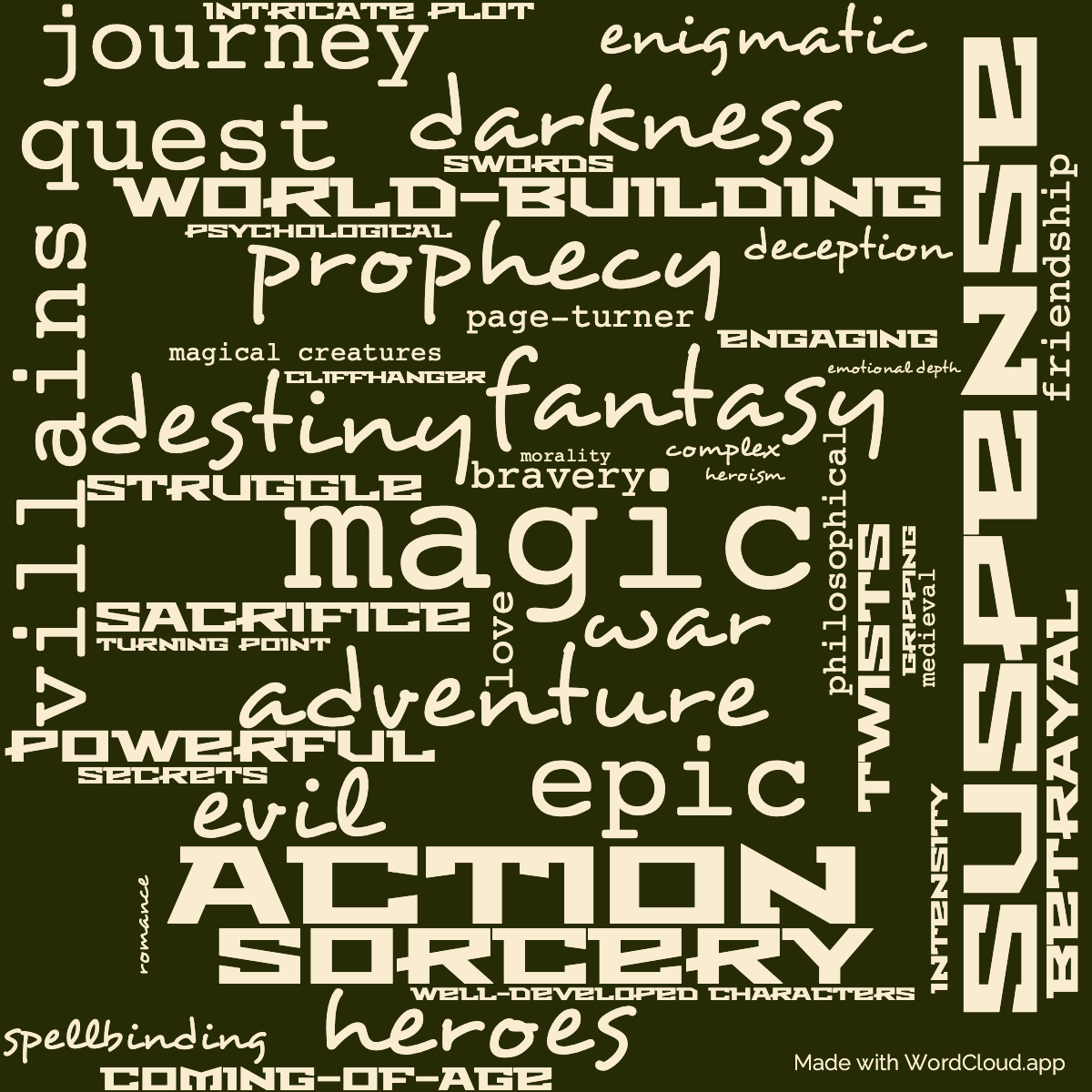 Word cloud of the book Wizard's First Rule with 48 words like magic, fantasy and adventure.