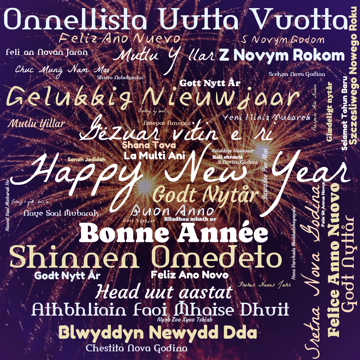 Word cloud with 50 words like Happy New Year, Shinnen Omedeto and Onnellista Uutta Vuotta in multicolor.
