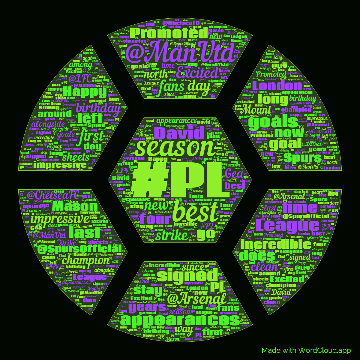 Word cloud in a Football shape with 50 words like #PL, season and best in green, purple and black.
