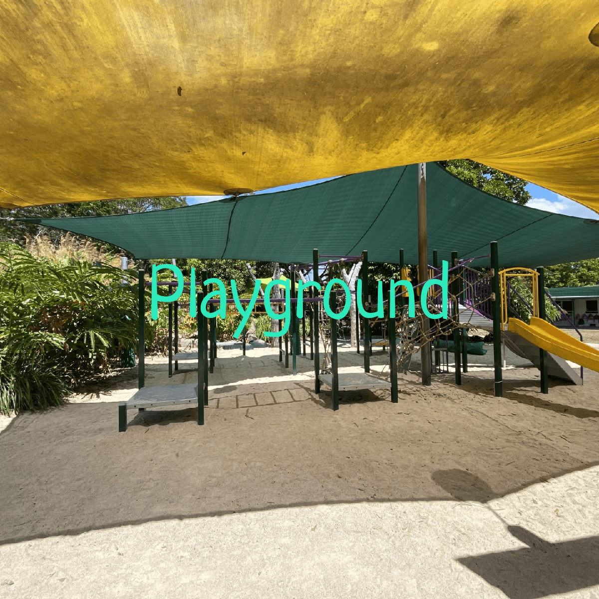 Word cloud with 1 word Playground in green, blue and red.