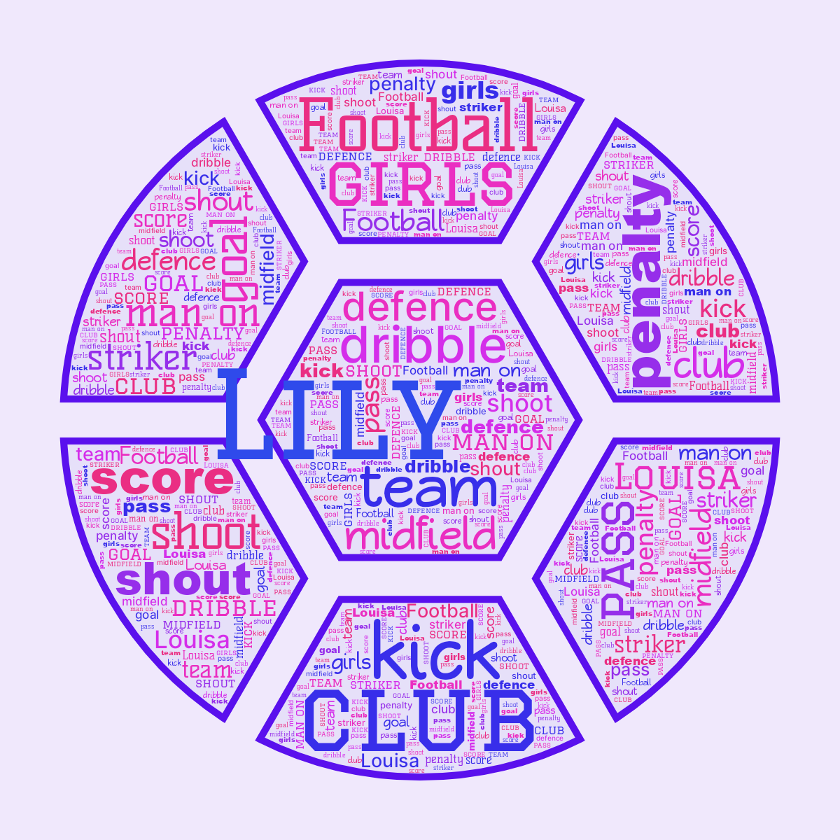 Word cloud in a Football shape with 17 words like club, Football and girls in blue, purple and pink.