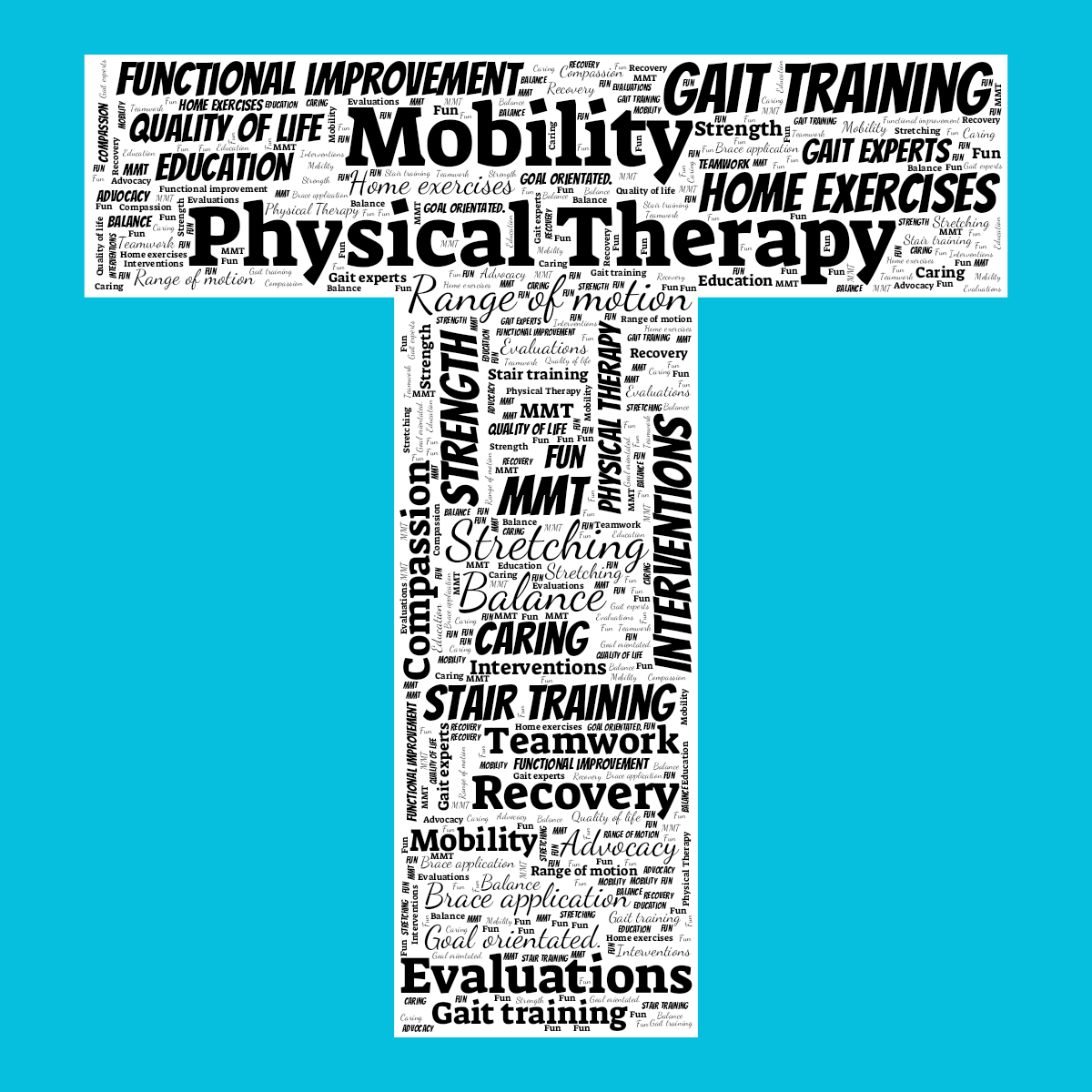 Word cloud in the shape of the letter T with 24 words like Physical Therapy, Mobility and Gait training in black, blue and white.