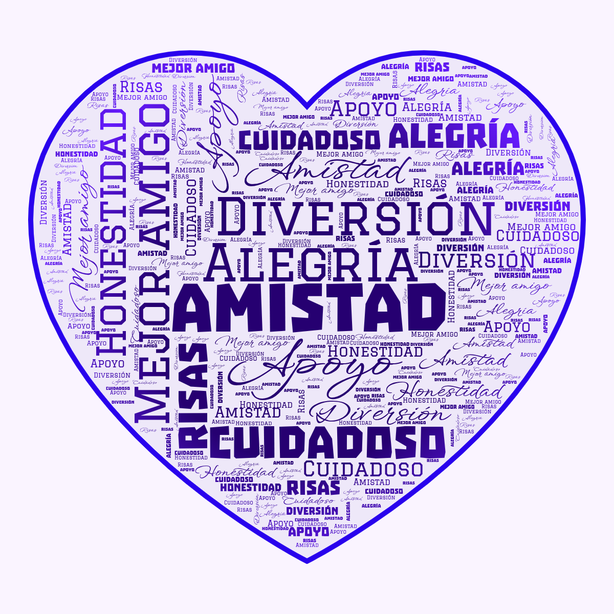 Word cloud in a Heart shape with 8 words like Amistad, Alegría and Apoyo in purple, pink and blue.