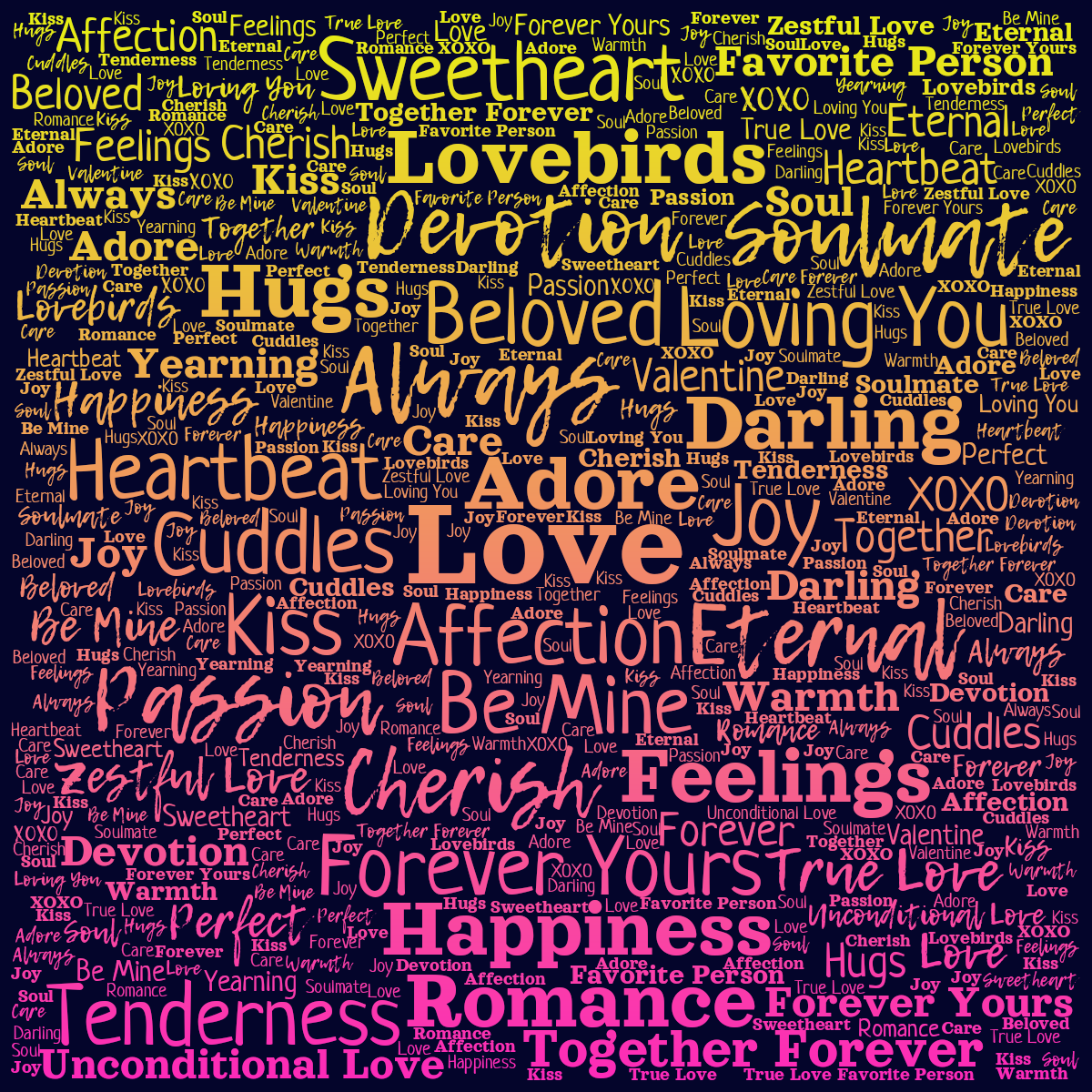 Word cloud with 39 words like Love, Affection and Adore in yellow, purple and blue.
