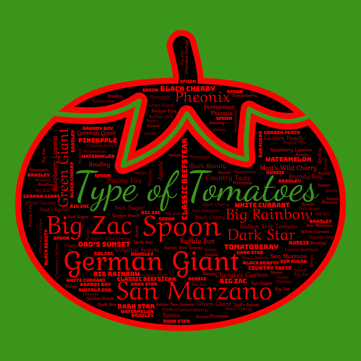 Word cloud in a Tomato shape with 30 words like Country Taste, Classic Beefsteak and Green Giant in red, green and black.