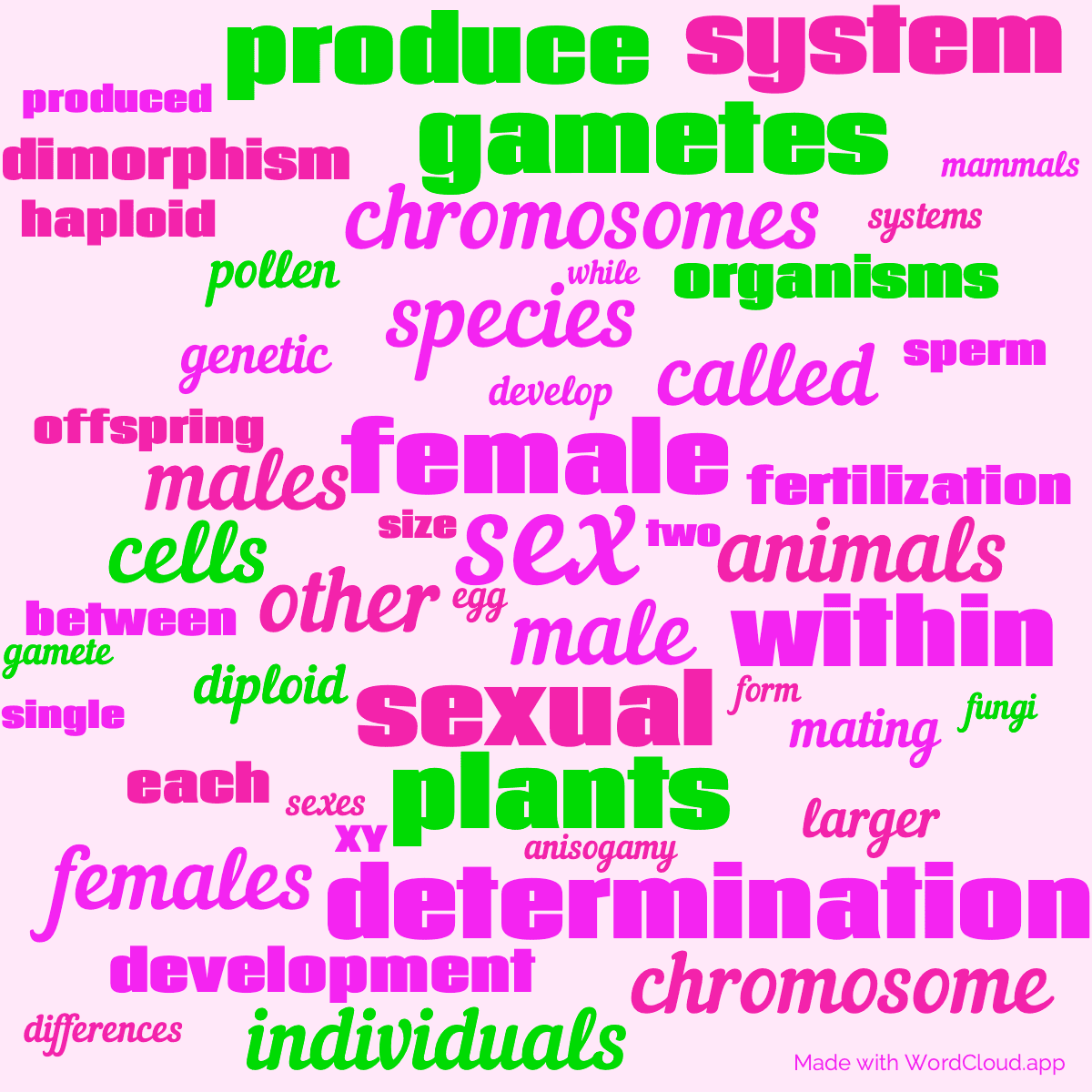 Word cloud with 50 words like sex, female and male in purple, pink and green.