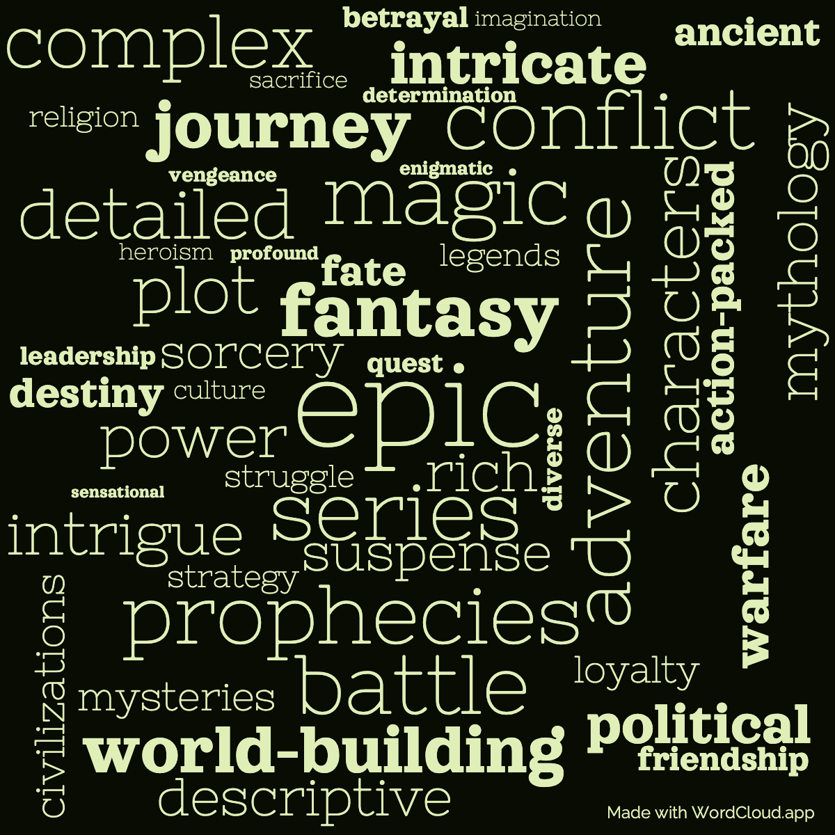 Word cloud of the book The Fires of Heaven with 49 words like epic, fantasy and series.