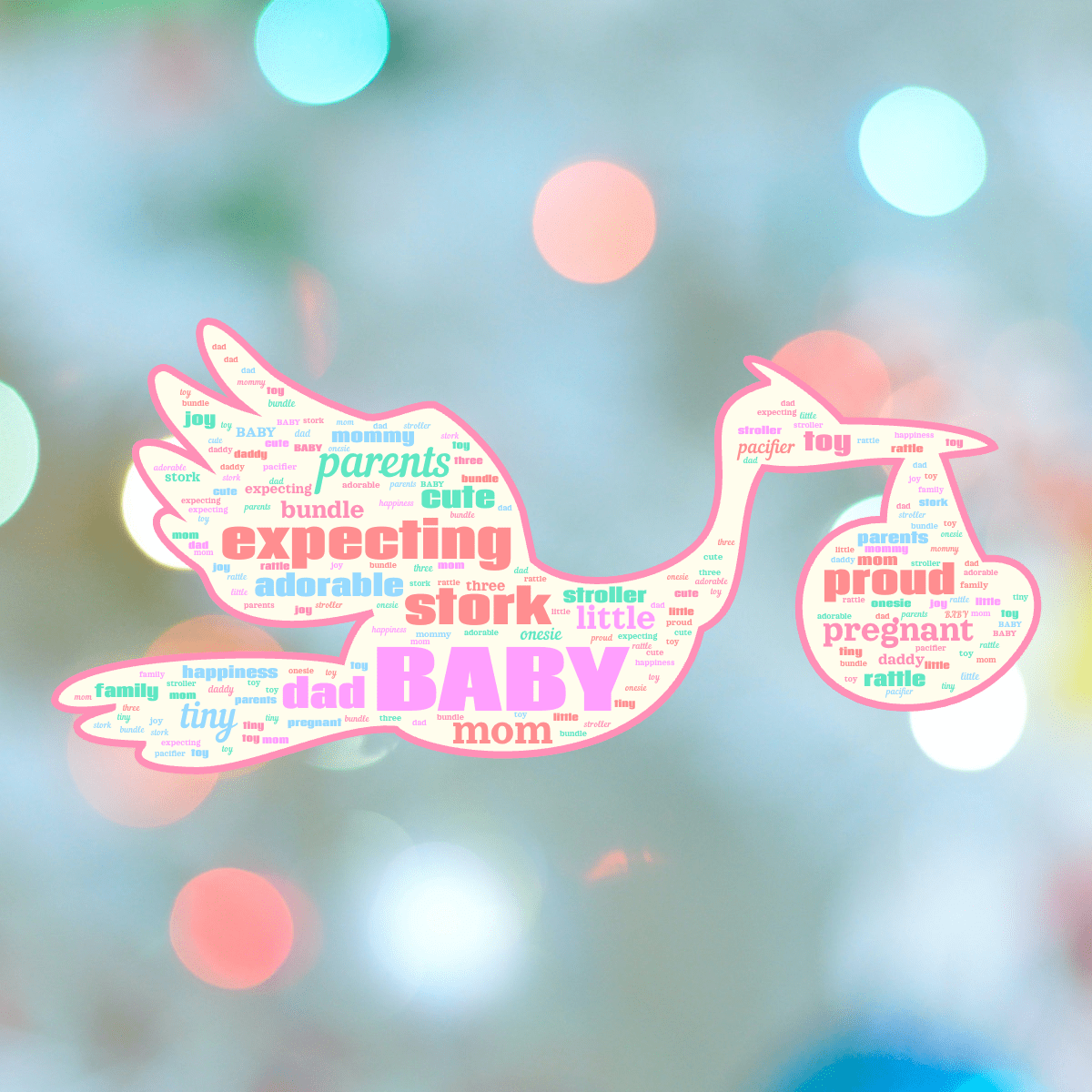 Word cloud in a Flying Stork shape with 24 words like BABY, expecting and parents in multicolor.