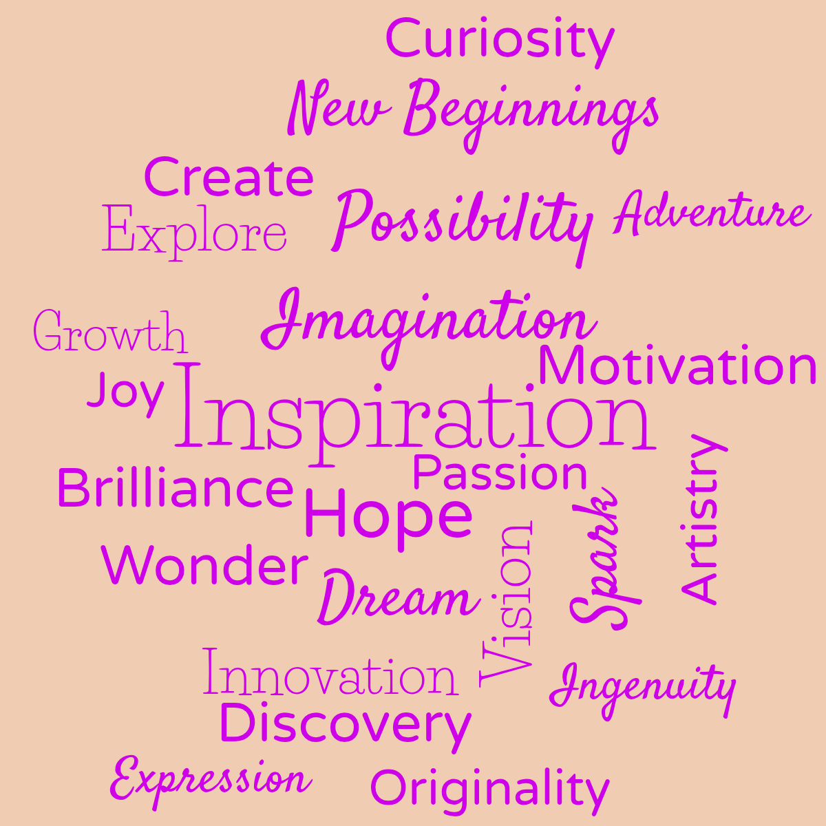 Word cloud with 24 words like Inspiration, Imagination and Hope in purple and orange.
