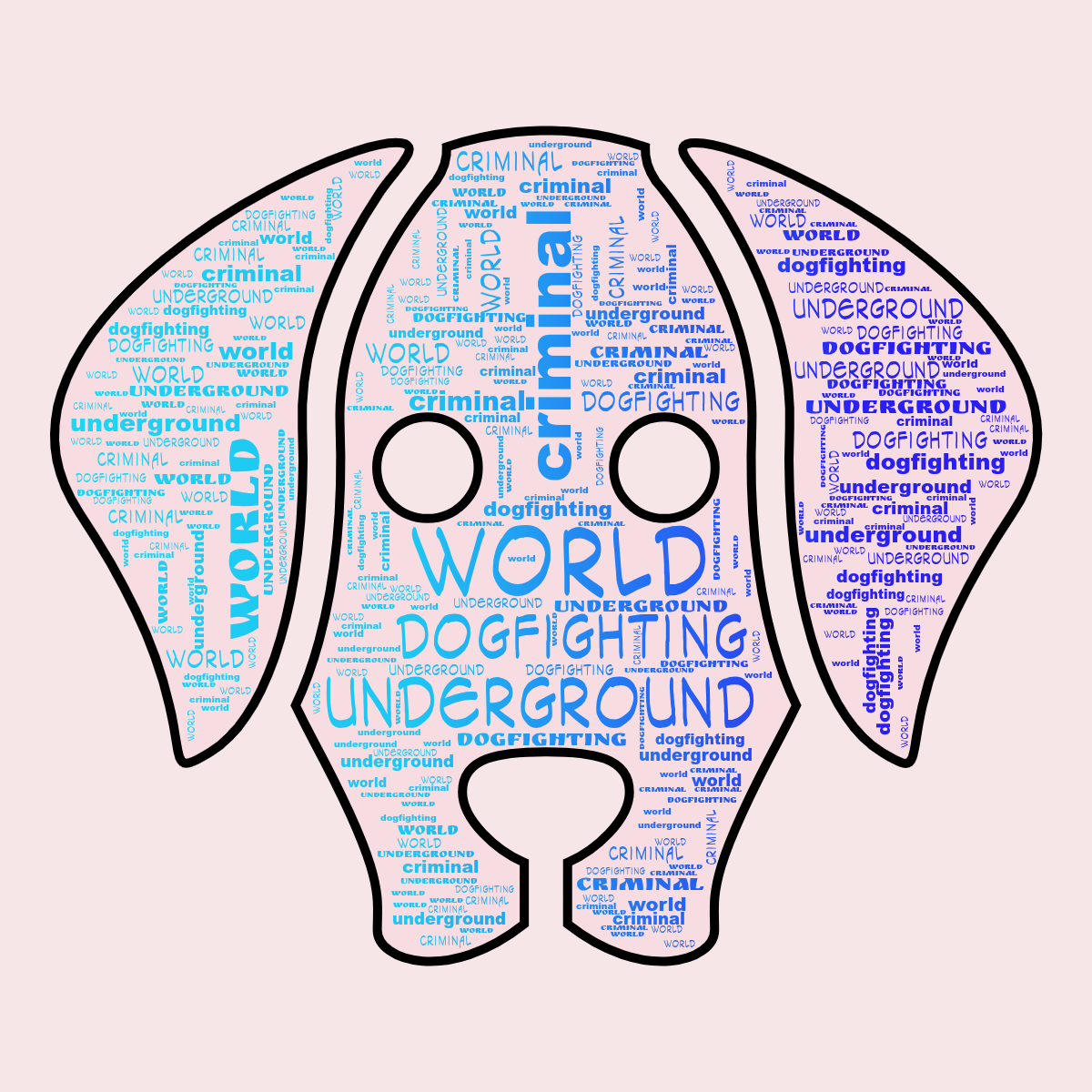 Word cloud in a Dog Face shape with 4 words like criminal, dogfighting and underground in blue, red and black.