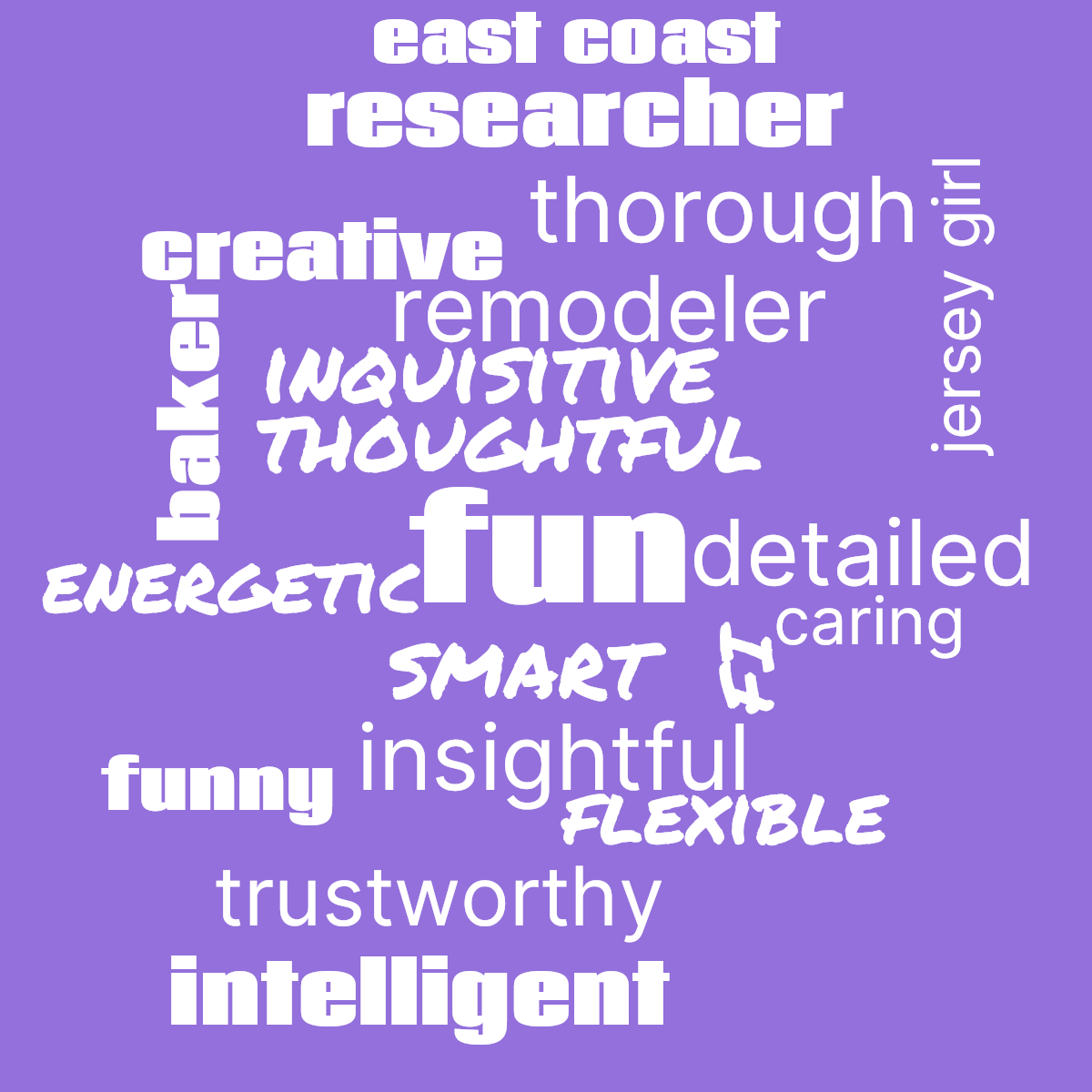 Word cloud with 20 words like fun, thoughtful and smart in white and purple.