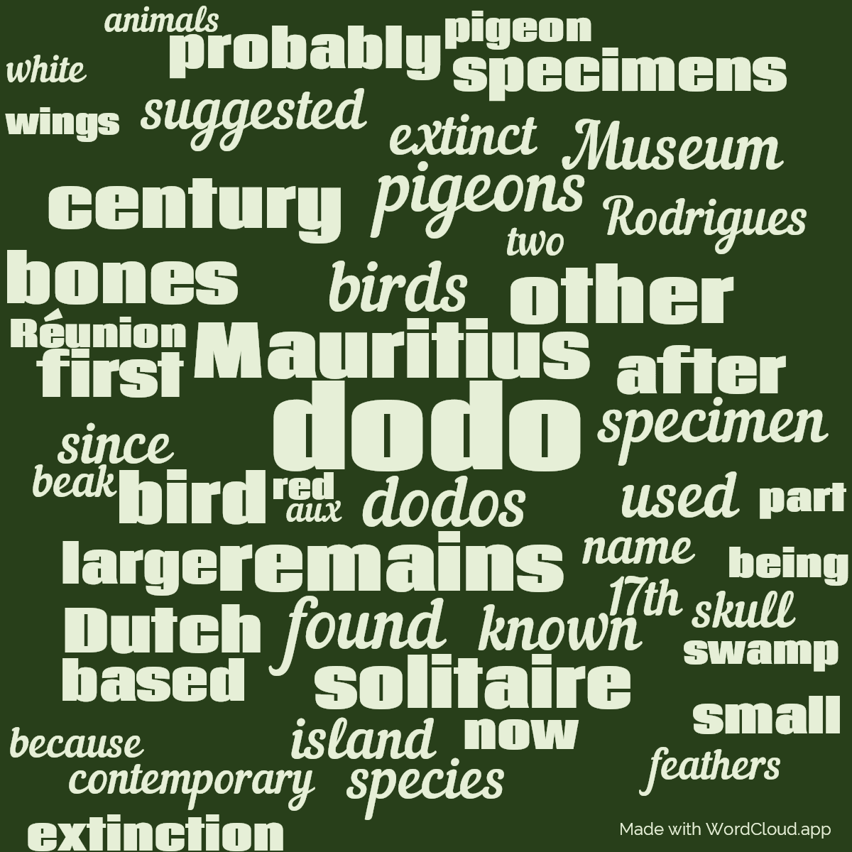 Word cloud with 50 words like dodo, dodos and Mauritius in green.