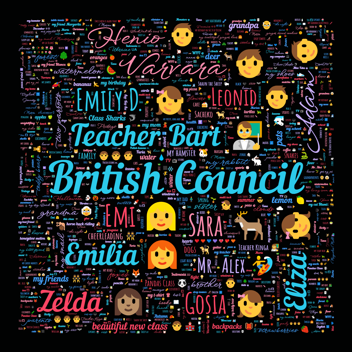 Word cloud in a Square shape with 256 words like British Council, Teacher Bart 👨‍🏫 and Sara 🦌 in multicolor.