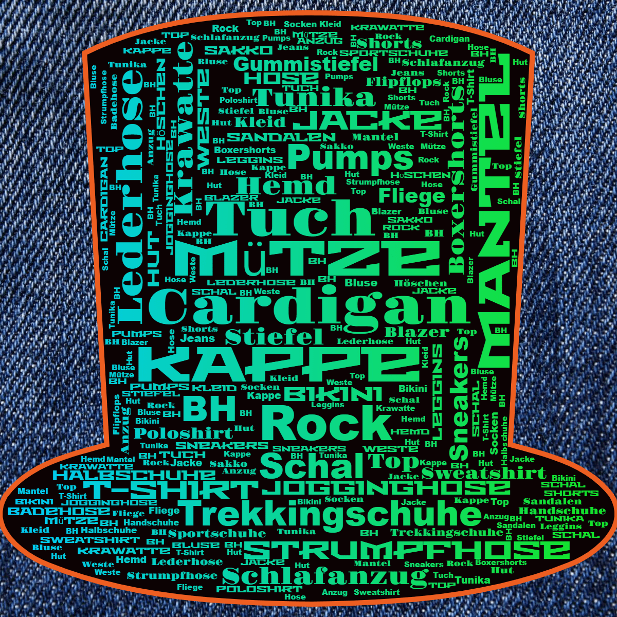 Word cloud in a Tall Hat shape with 47 words like Kleid, Bluse and Top in multicolor.