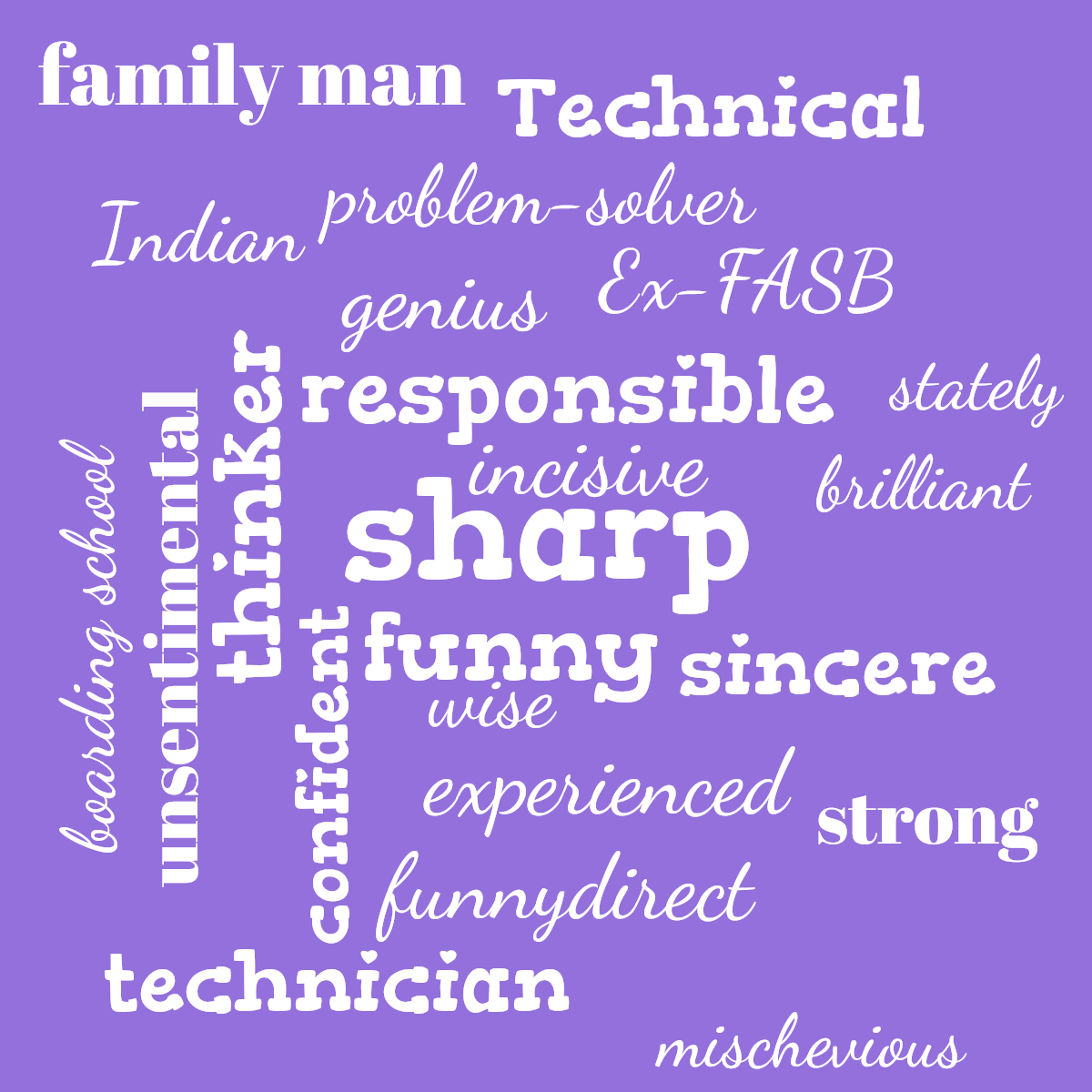 Word cloud with 23 words like sharp, funny and responsible in white and purple.