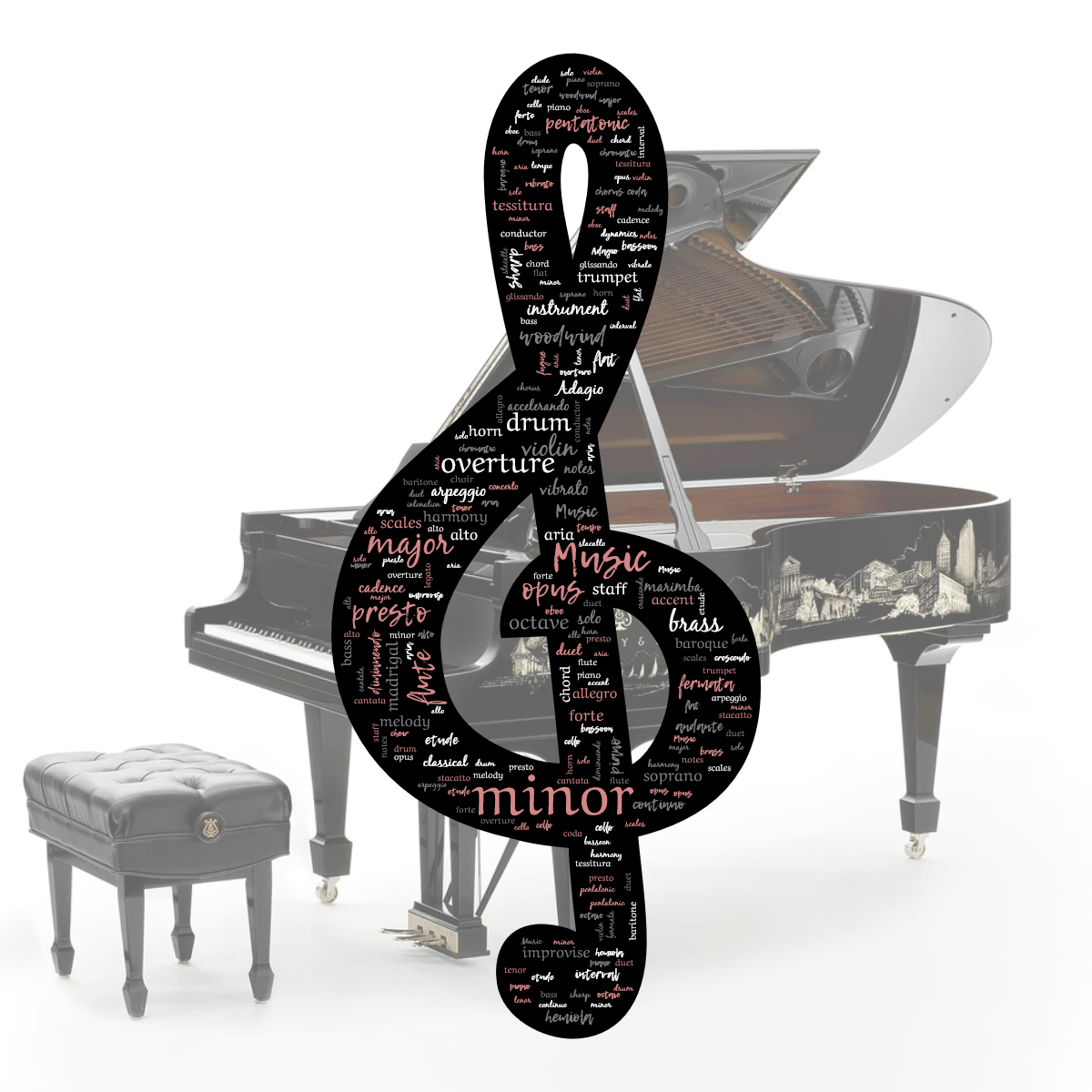 Word cloud in a Treble Clef shape with 72 words like Music, arpeggio and staff in multicolor.