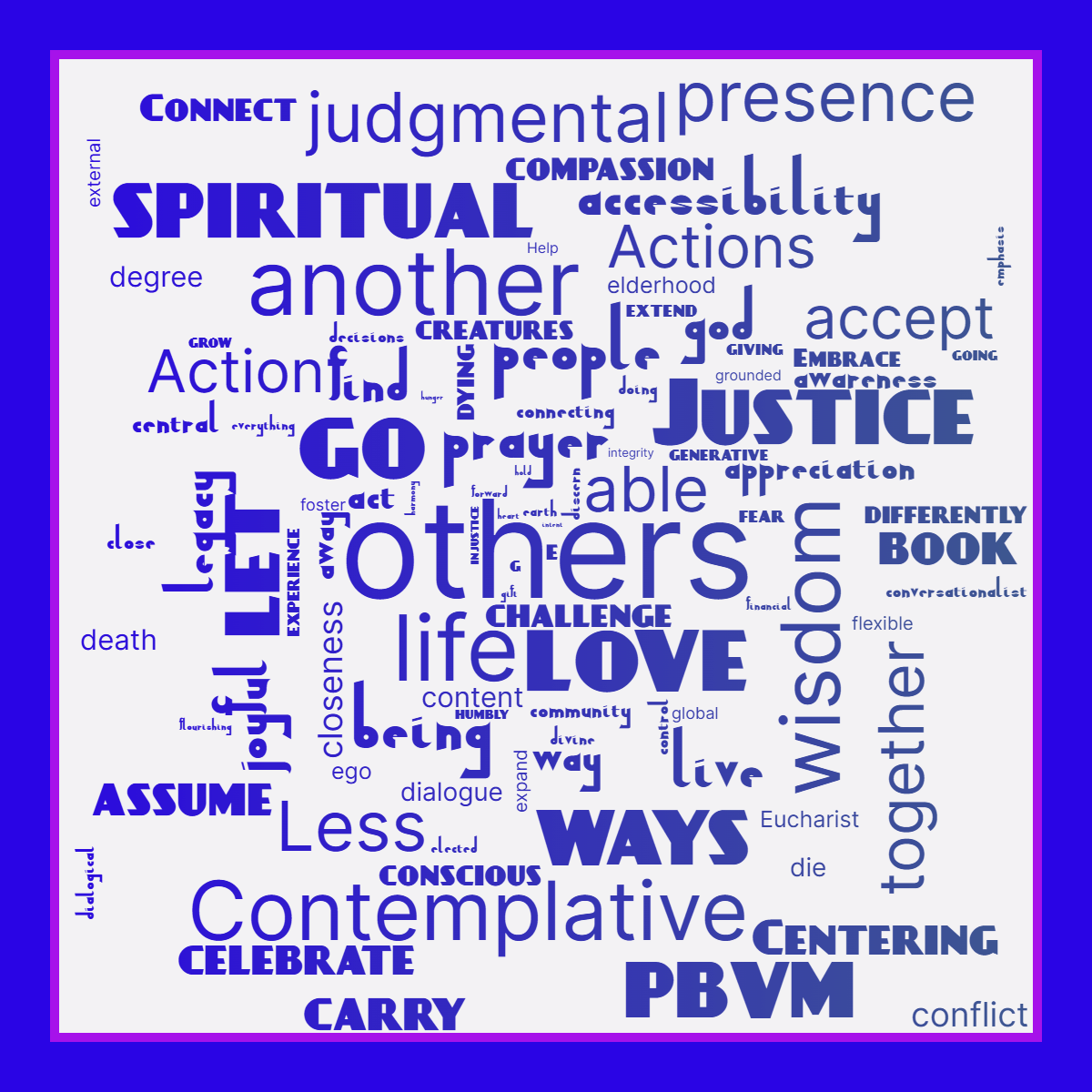 Word cloud in a Square shape with 100 words like others, prayer and being in blue and purple.