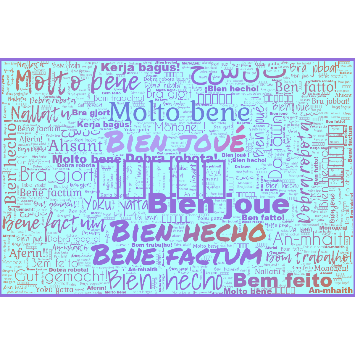 Word cloud in a Horizontal Rectangle shape with 25 words like よくやった , Molto bene and Bien joué in multicolor.
