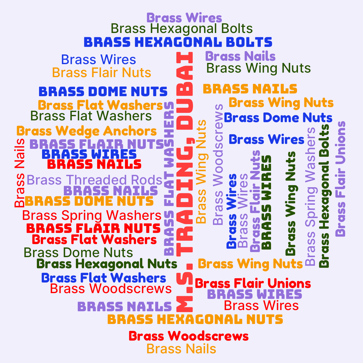 Word cloud in a Circle shape with 15 words like Brass Hexagonal Bolts, Brass Hexagonal Nuts and Brass Flat Washers in multicolor.