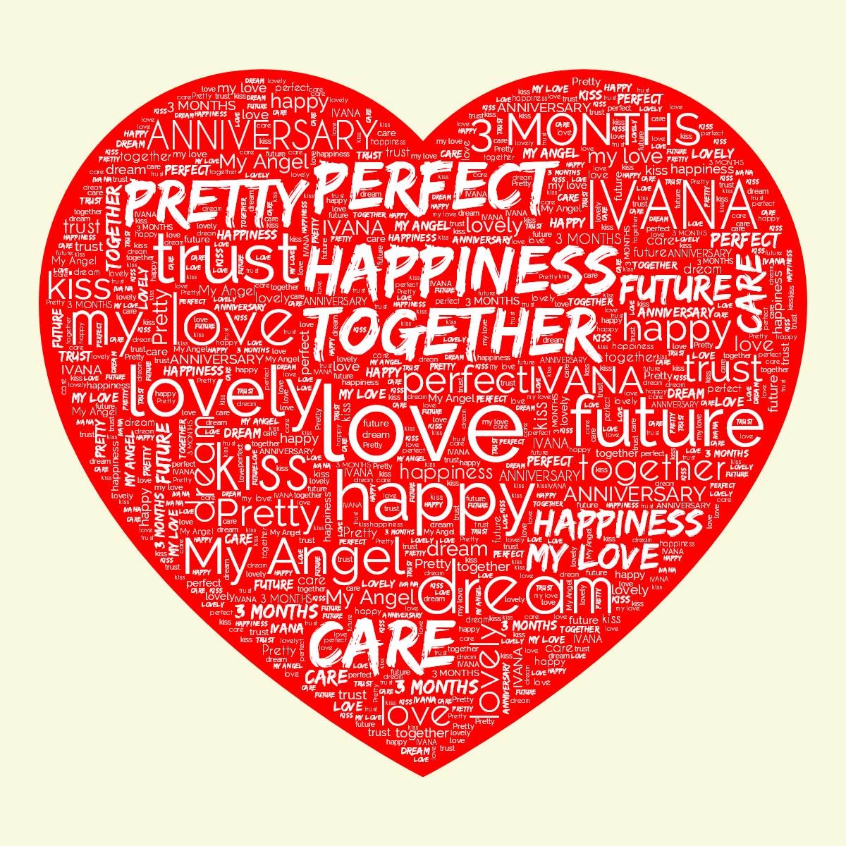 Word cloud in a Heart shape with 17 words like love, together and happy in white, yellow and red.