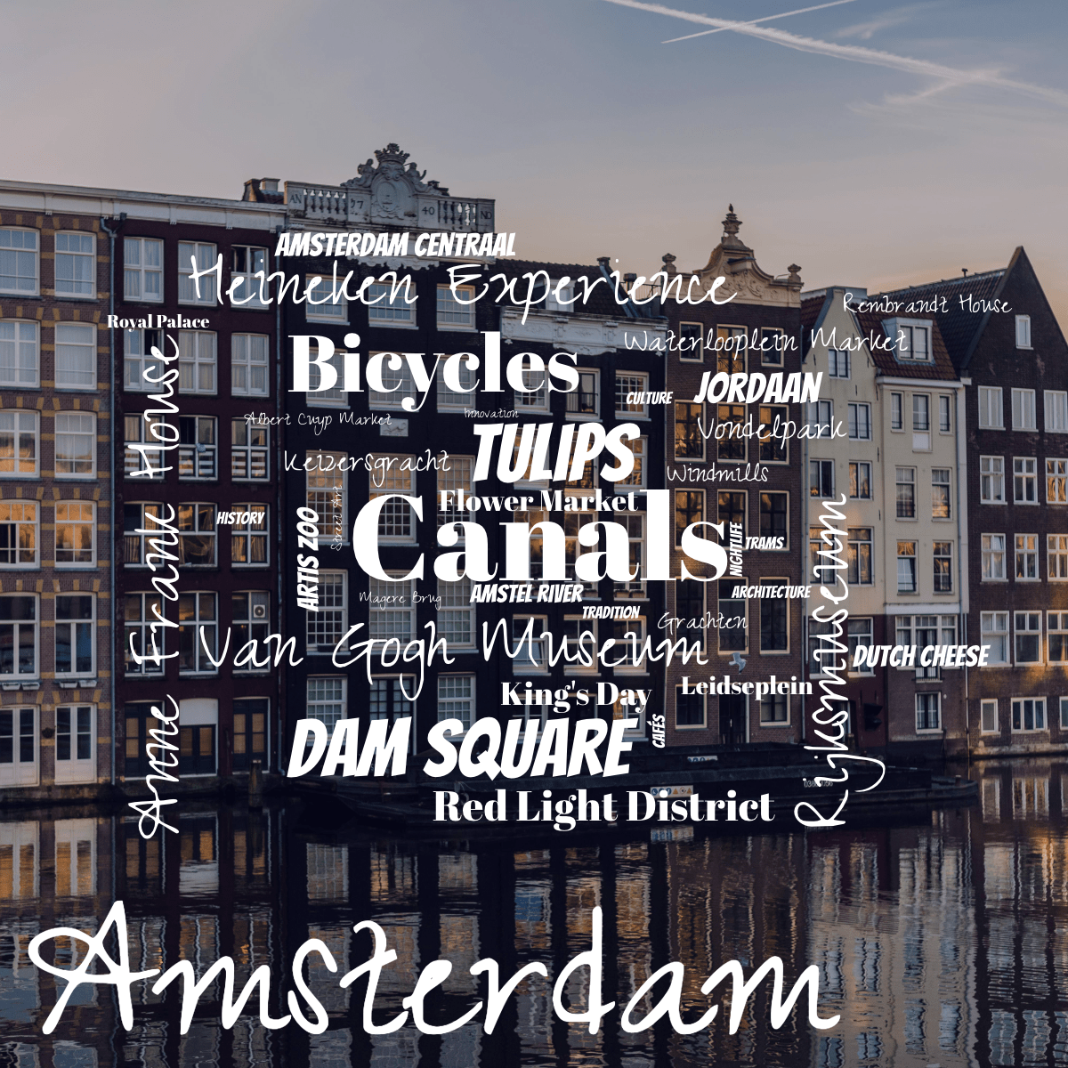 Word cloud in a Horizontal Rectangle shape with 35 words like Canals, Tulips and Bicycles in white.