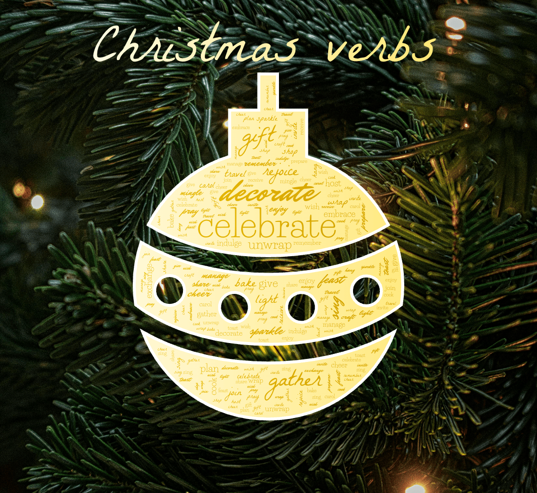 Word cloud in a Christmas Ball Ornament shape with 37 words like celebrate, decorate and gather in yellow, orange and white.