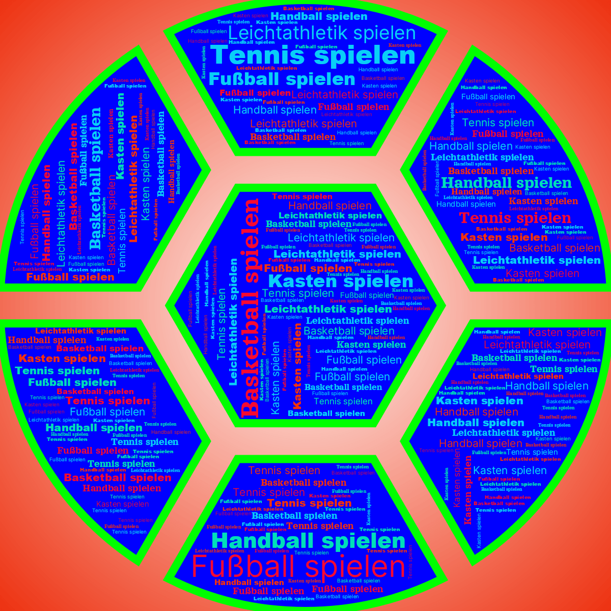 Word cloud in a Football shape with 6 words like Fußball spielen, Basketball spielen and Tennis spielen in red, blue and green.