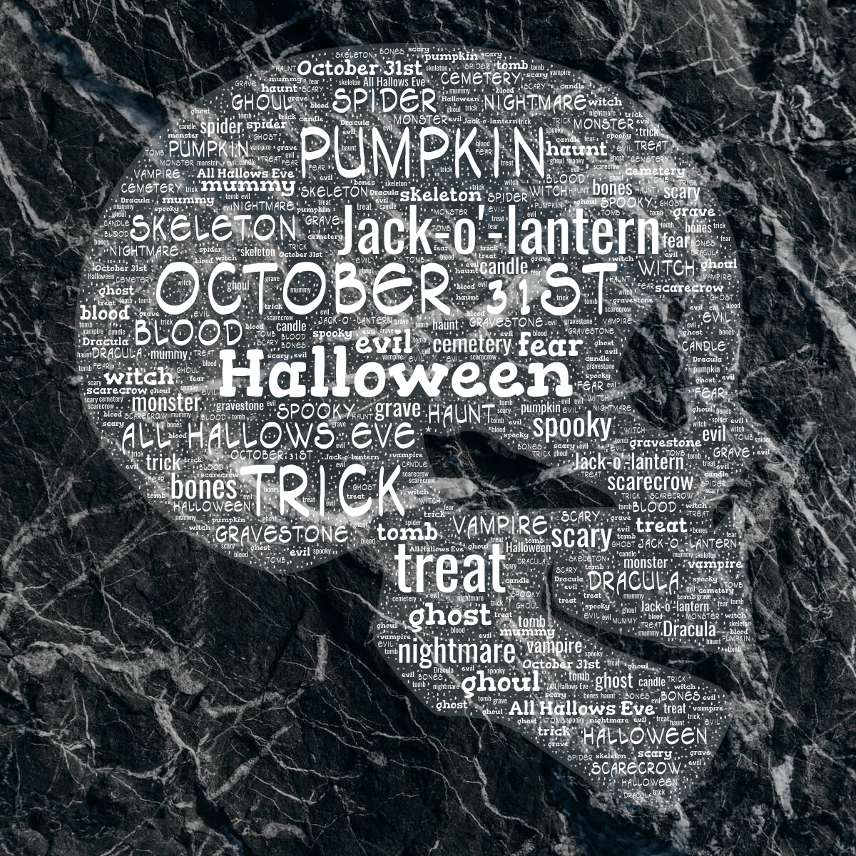 Word cloud in a Skull shape with 31 words like Halloween, October 31st and trick in white.