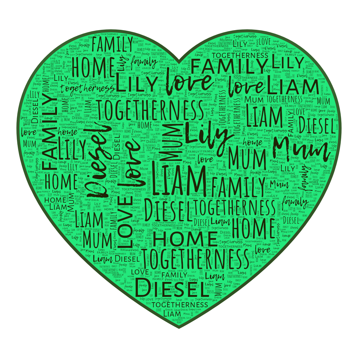 Word cloud in a Heart shape with 8 words like Liam, Lily and Diesel in green and white.