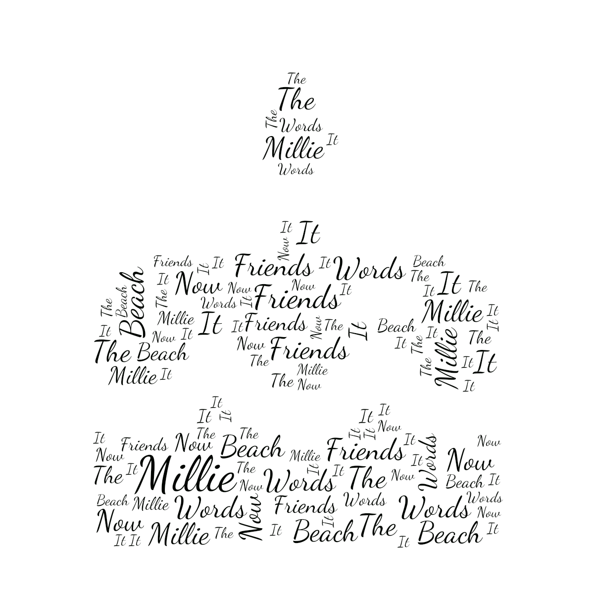 Word cloud in a Cake shape with 7 words like Millie, Friends and Beach in black and white.